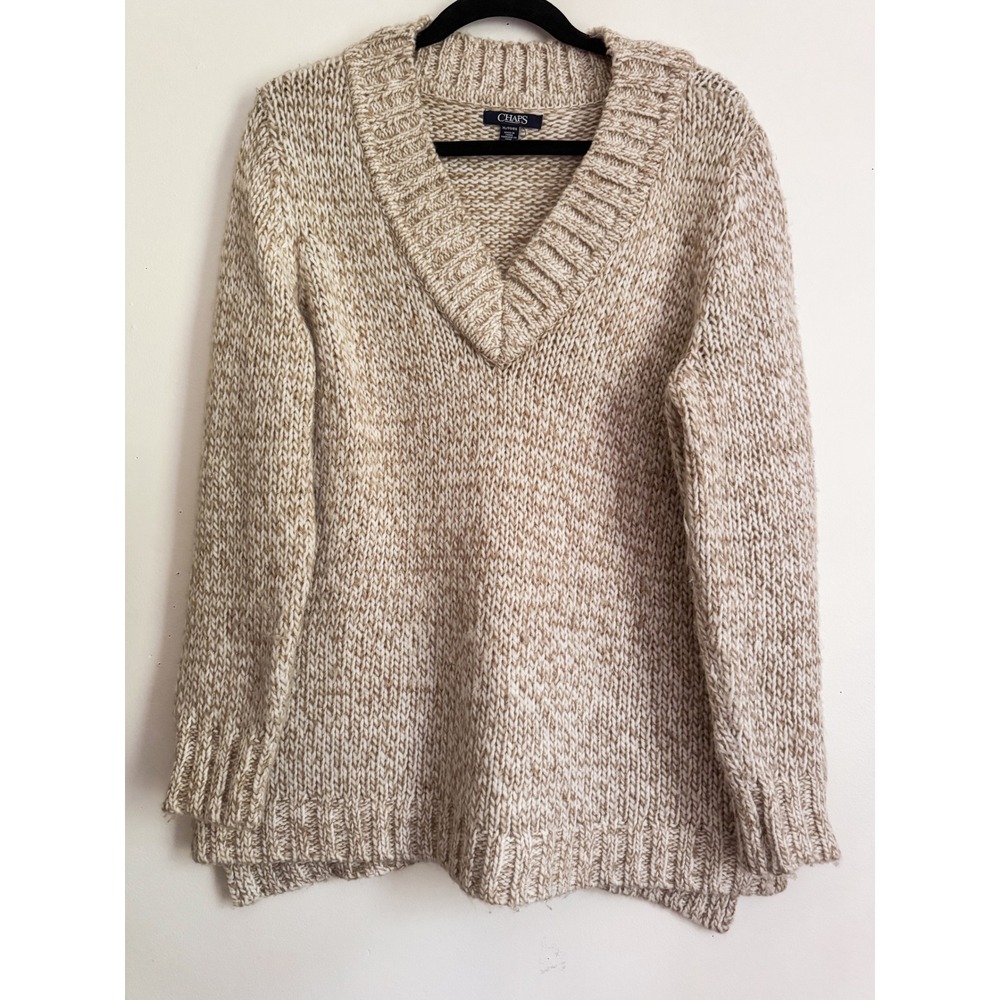 Chaps Womens XL Marled Chunky Knit V-Neck Sweater Tan Cream Gold Quiet Luxury